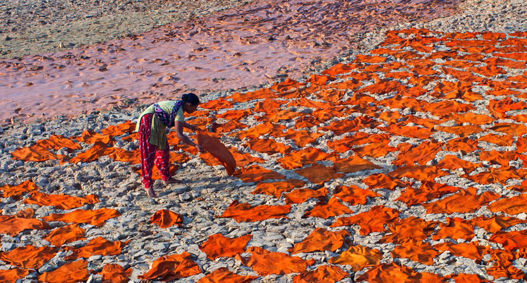 Dyed cloth is laid out to dry in the sun